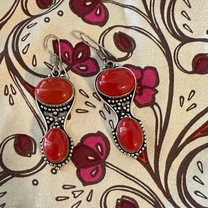 Elegant Red Coral Dangle Earrings Sterling Silver New